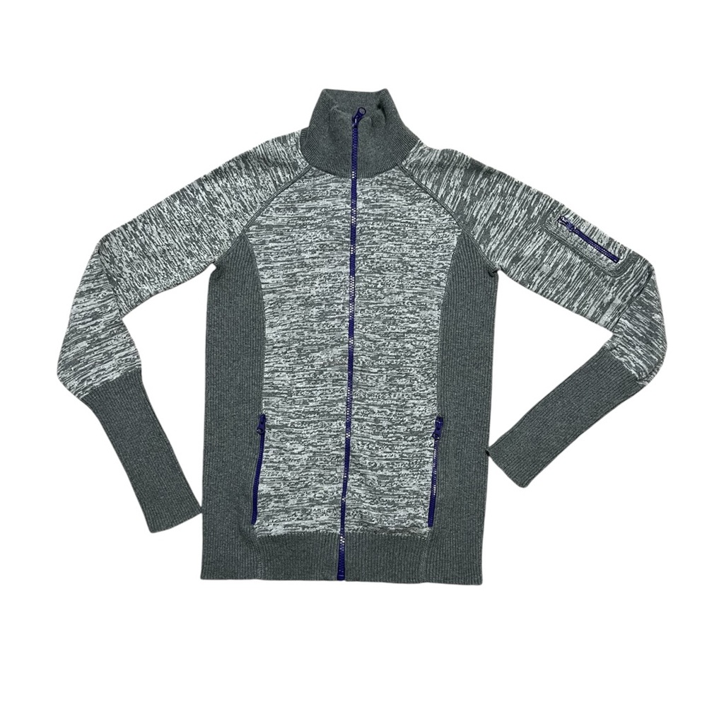 Women’s SKYR gray marled full zip mock neck rib trim cotton sweater size LARGE